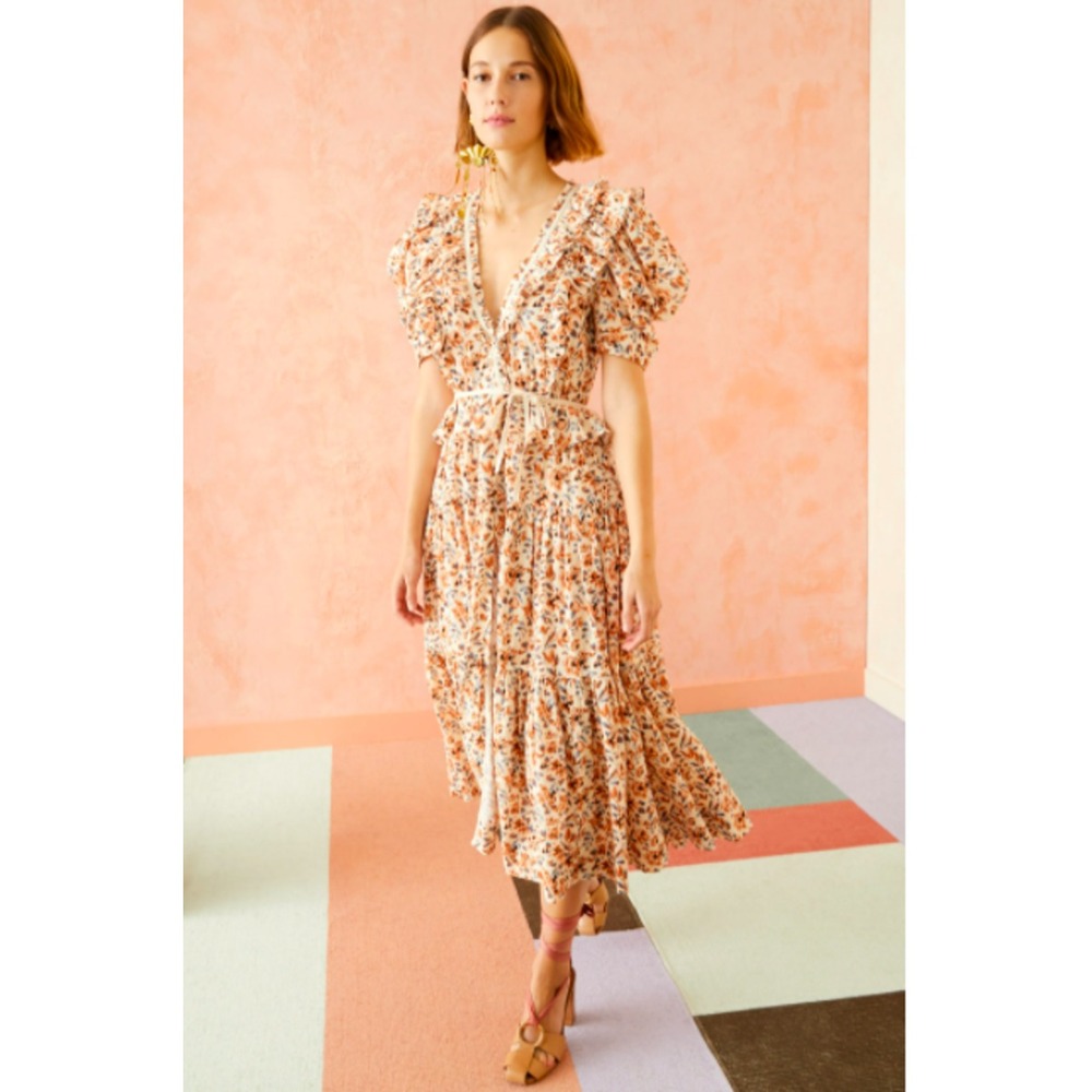 Ulla Johnson Floral Midi Dress - Orange and Cream